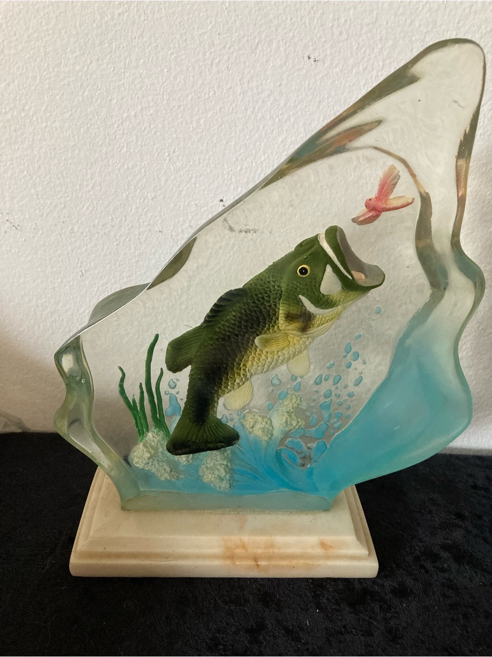 Jumping Bass & Dragonfly Fishing Lodge Figurine Retro Lucite Resin Sculpture